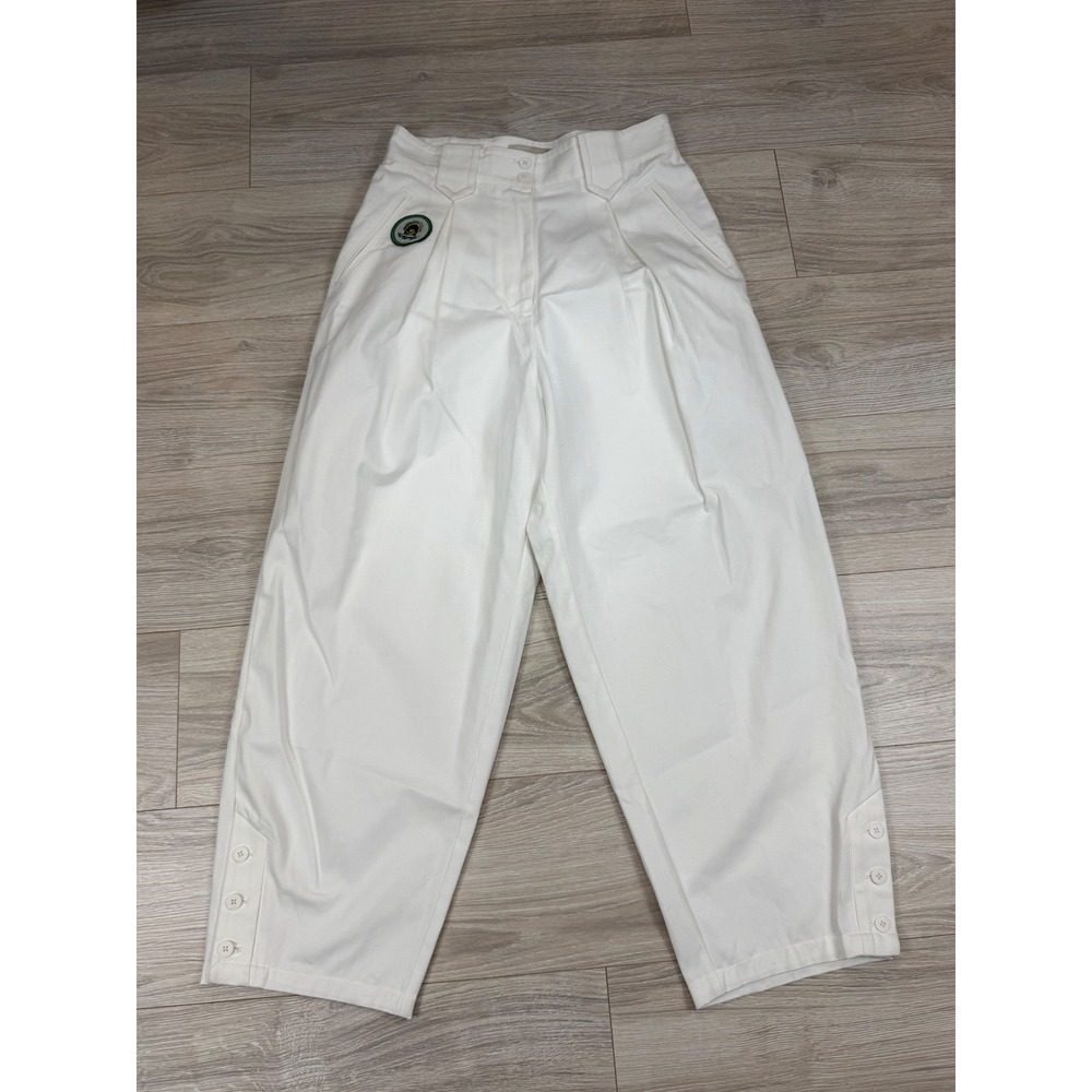ALEMAIS White High Rise Barrel Leg Pleated Cotton Pants Patch US 6 Button Cuff